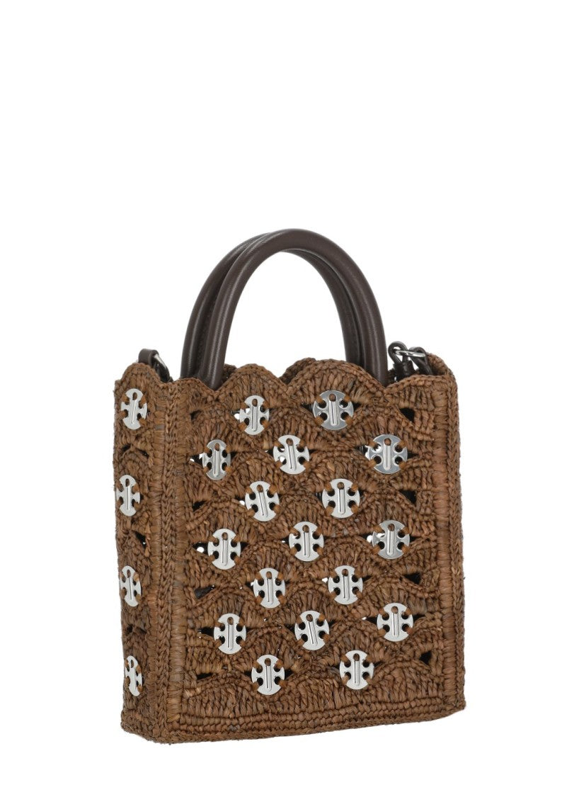 Rabanne Brown Woven Raphia Silver Disc Detail Handbag