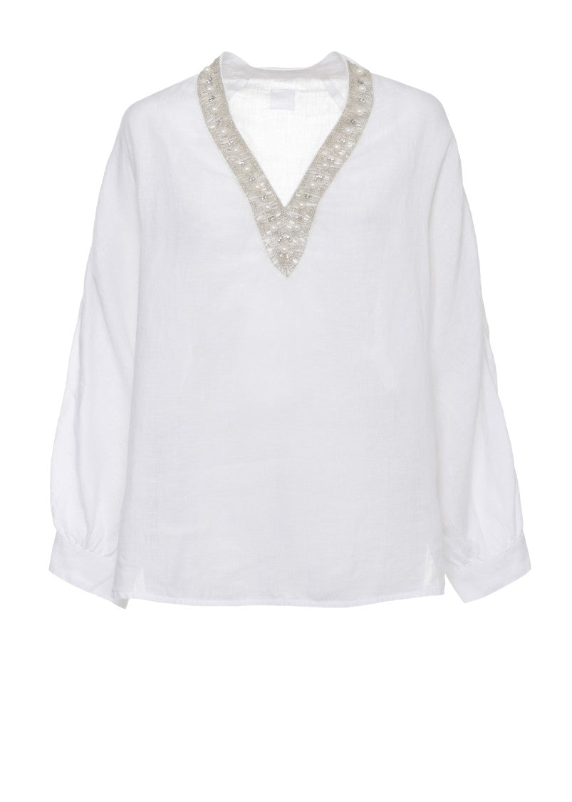 120% Lino White Strass V-Neck Linen Blouse