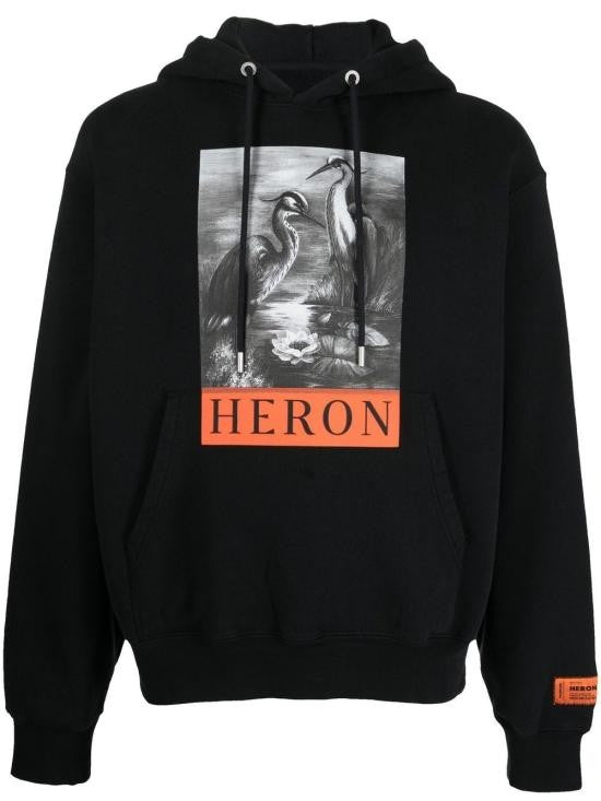Heron Preston Graphic-Print Black Hoodie With Kangaroo Pocket And Metal Eyelets