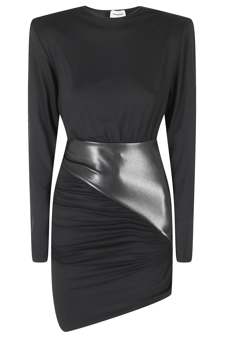 The Andamane Black Ursula Vegan Leather Waistband Draped Viscose Mini Dress