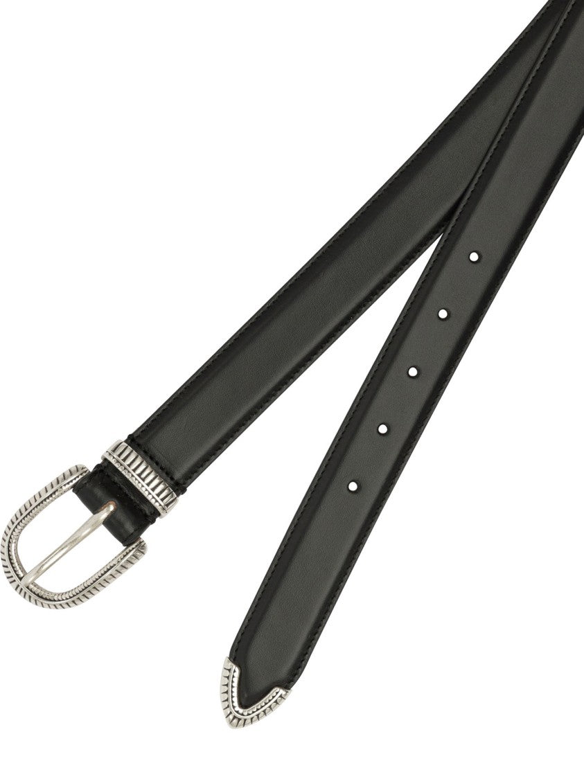 Adriano Meneghetti Polished Silver Buckle Black Leather Belt