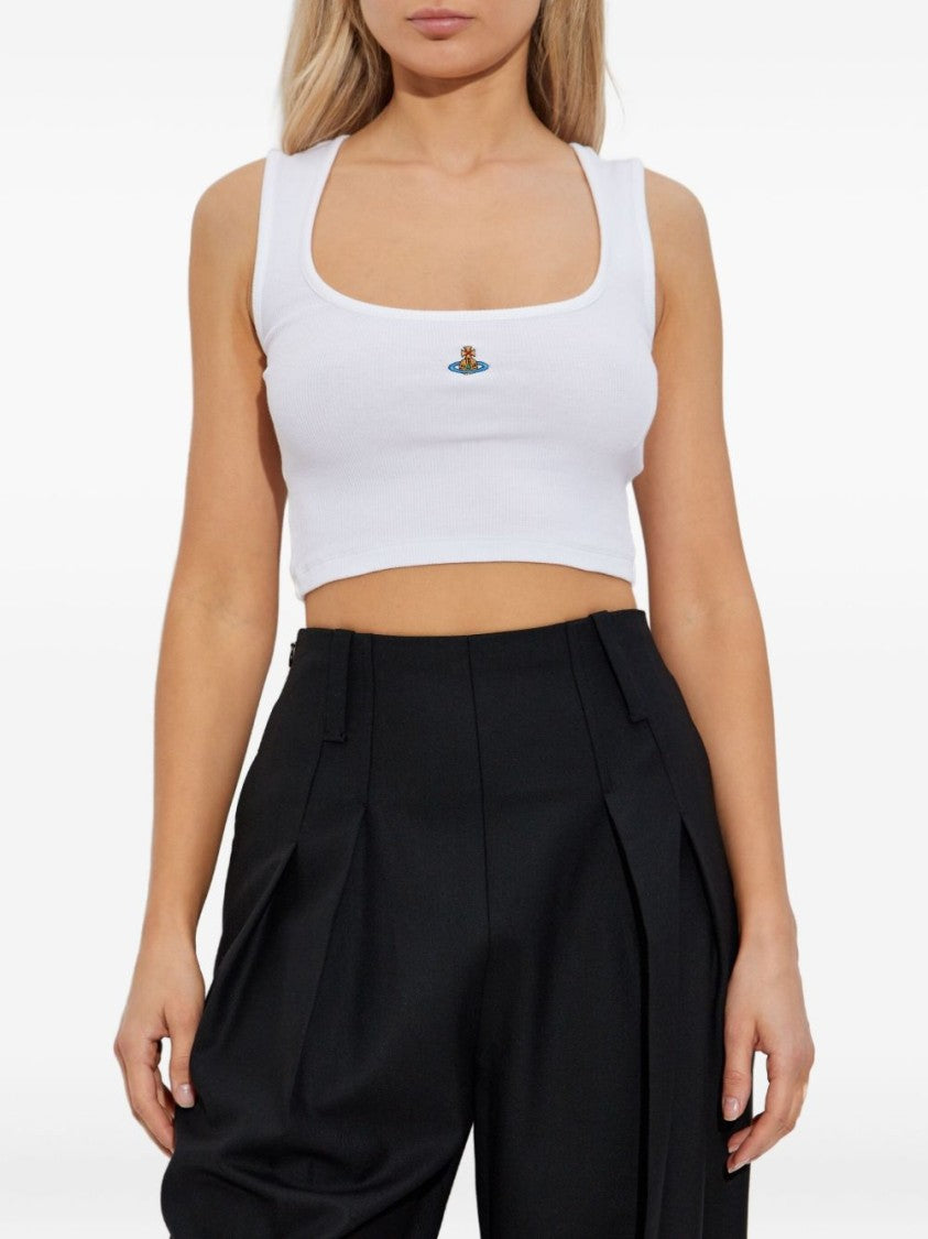 Vivienne Westwood White Ribbed Cropped Orb Top