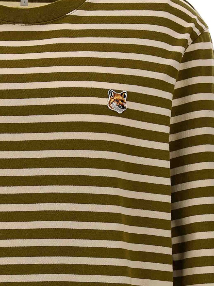 Maison Kitsuné Olive Green And Off-White Striped Long-Sleeve T-Shirt With Embroidered Logo