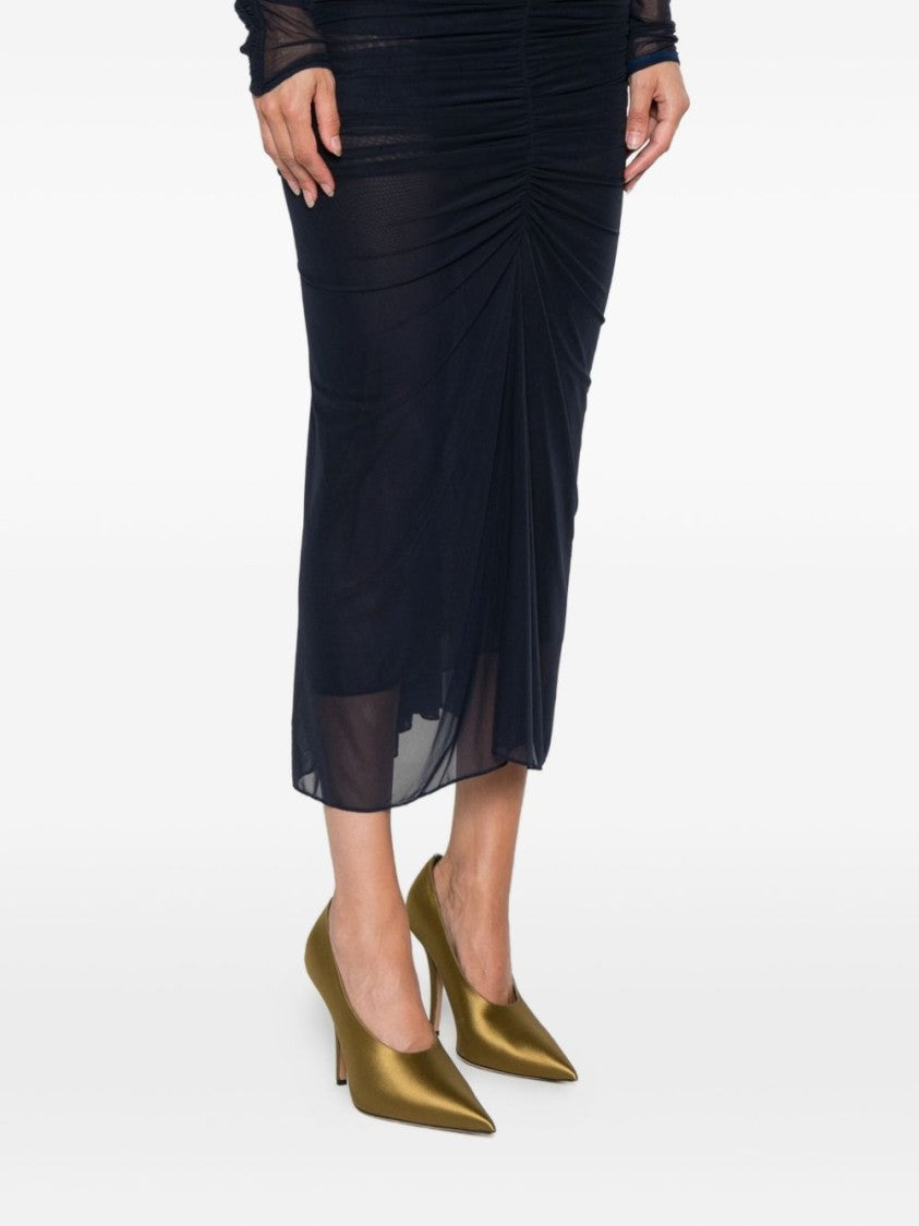 Mugler Ink Blue Ruched Mesh Midi Skirt