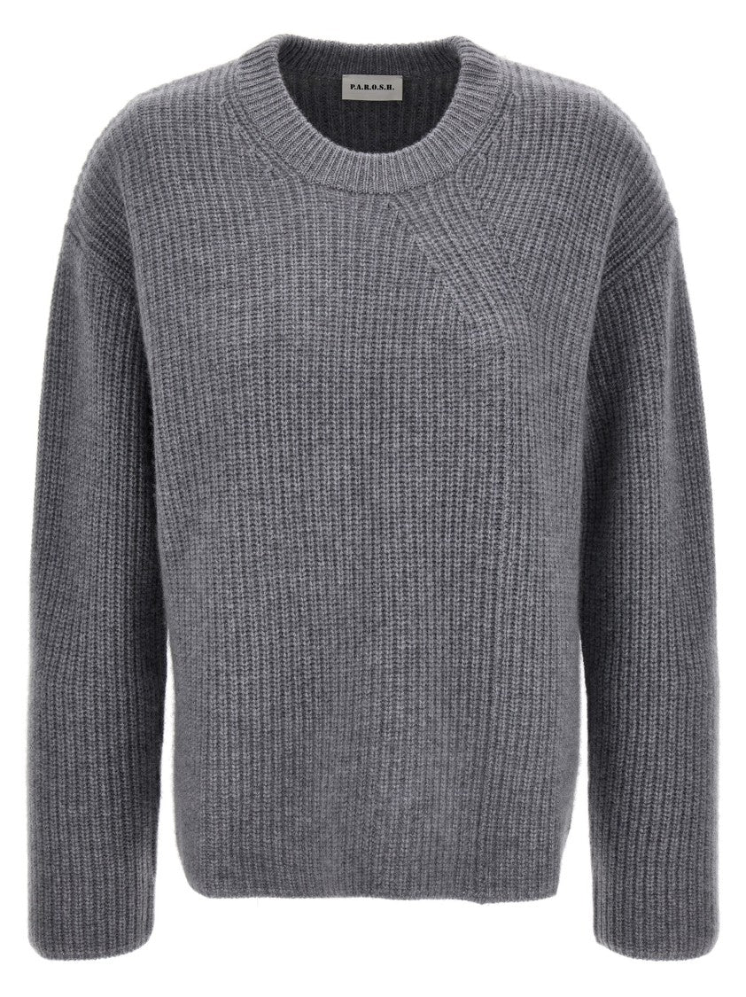 P.A.R.O.S.H. Ribbed Grey Cashmere Crewneck Sweater With Long Sleeves