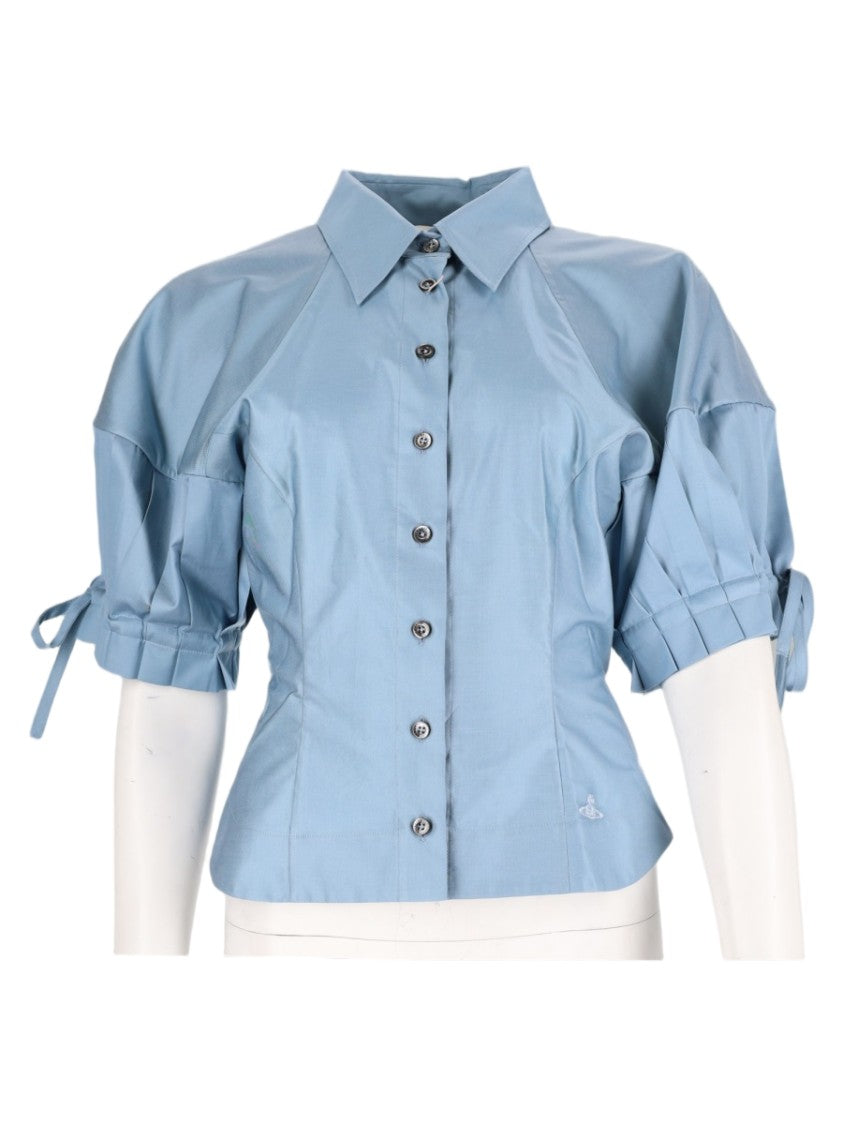 Vivienne Westwood Blue Pleated Sleeves Bow Details Cotton Top