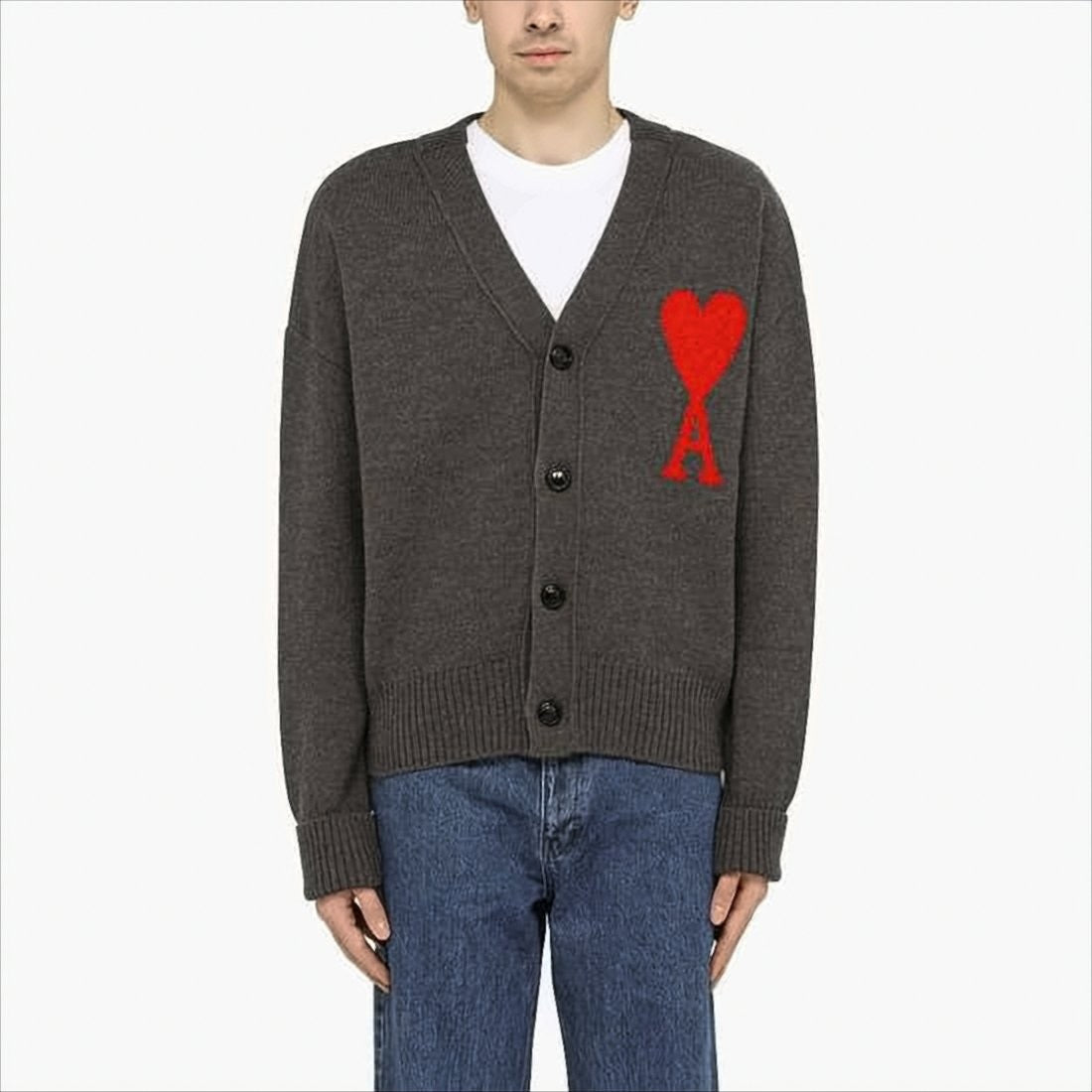 Ami Cardigan With Deep V-Neck And Signature Heart Emblem