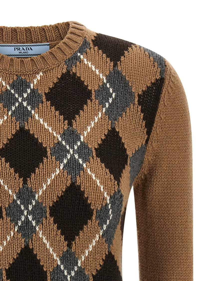Prada Cropped Cashmere Sweater With Argyle Pattern And Embroidered Logo
