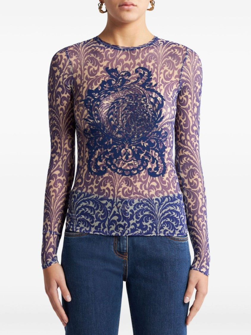 Etro Semi-Sheer Crew Neck Long Sleeve Top