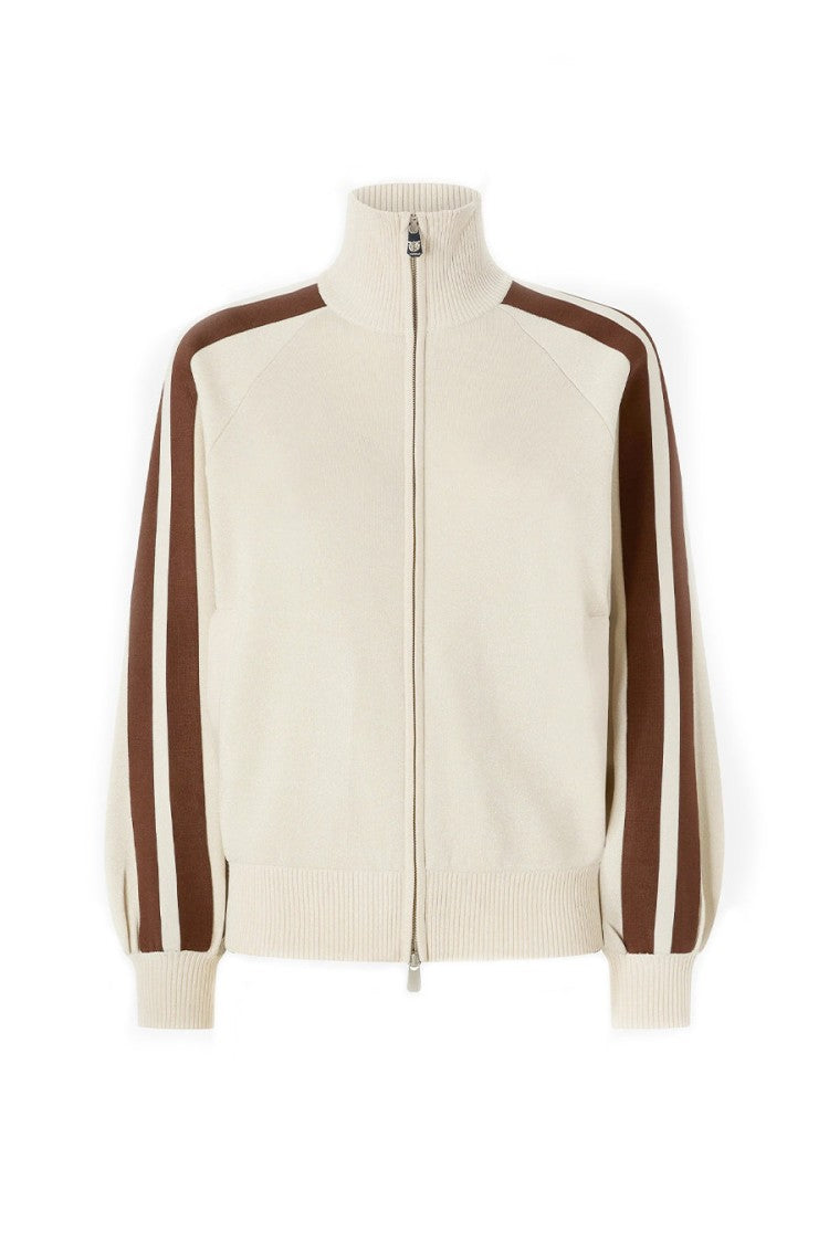 Pinko Beige Contrast Striped Sleeve Zip Viscose-Blend Zip-Through Knit