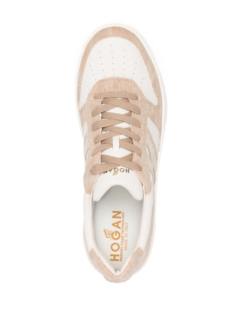 Hogan Panelled Beige And Cream Leather Sneakers With Logo Accents