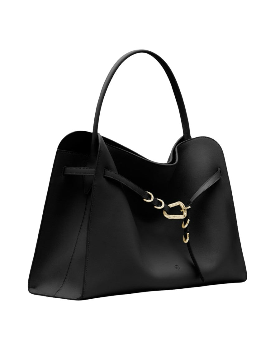 Biasia Structured Black Leather Handbag With Gold Clasp Detail