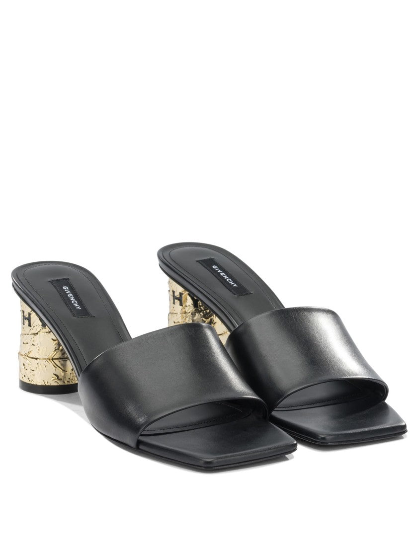 Givenchy Black Calf Leather Sandals With Gold-Toned Block Heel