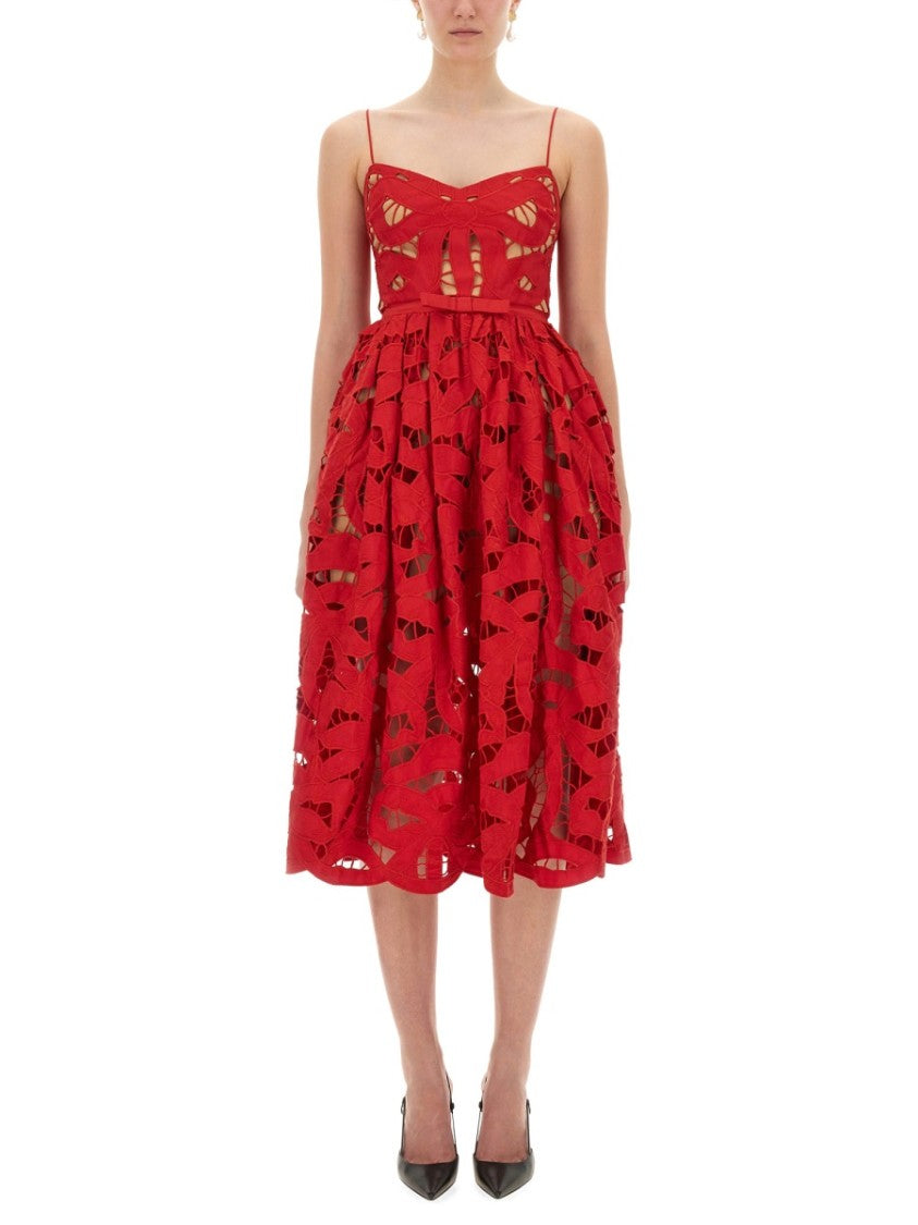 Self-Portrait Embroidered Midi Dress With Bow Detail