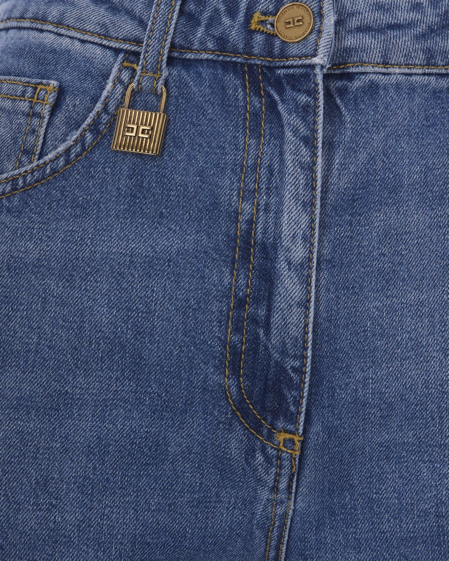 Elisabetta Franchi Blue Vintage Straight-Leg Jeans With Rolled Cuffs And Lock Charm