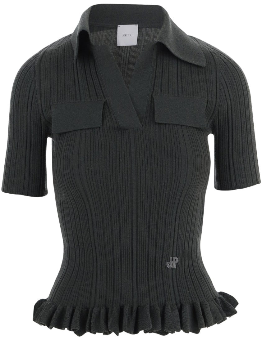 Patou Stretch Wool-Blend Sweater With Flap Pockets And Ruffled Hem