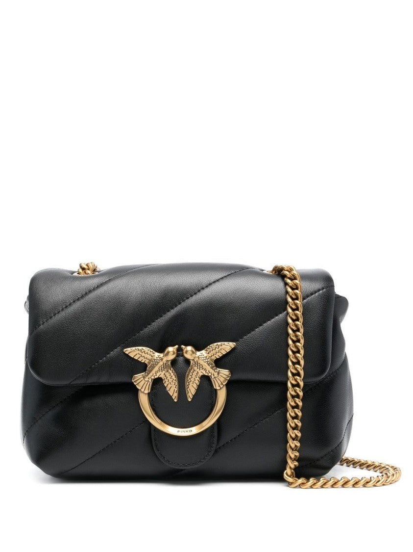 Pinko Quilted Black Shoulder Bag With Gold-Tone Bird Motif