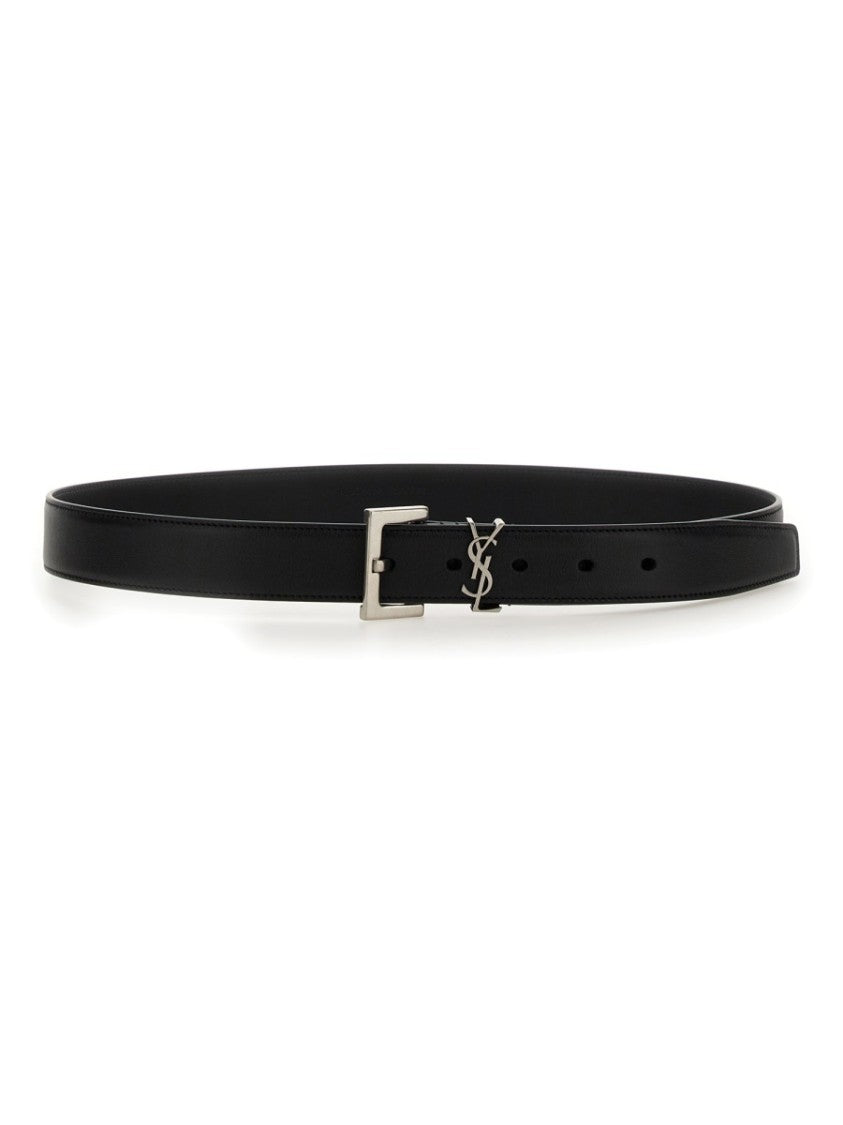 Saint Laurent Narrow Black Calf Skin Belt With Polished Buckle