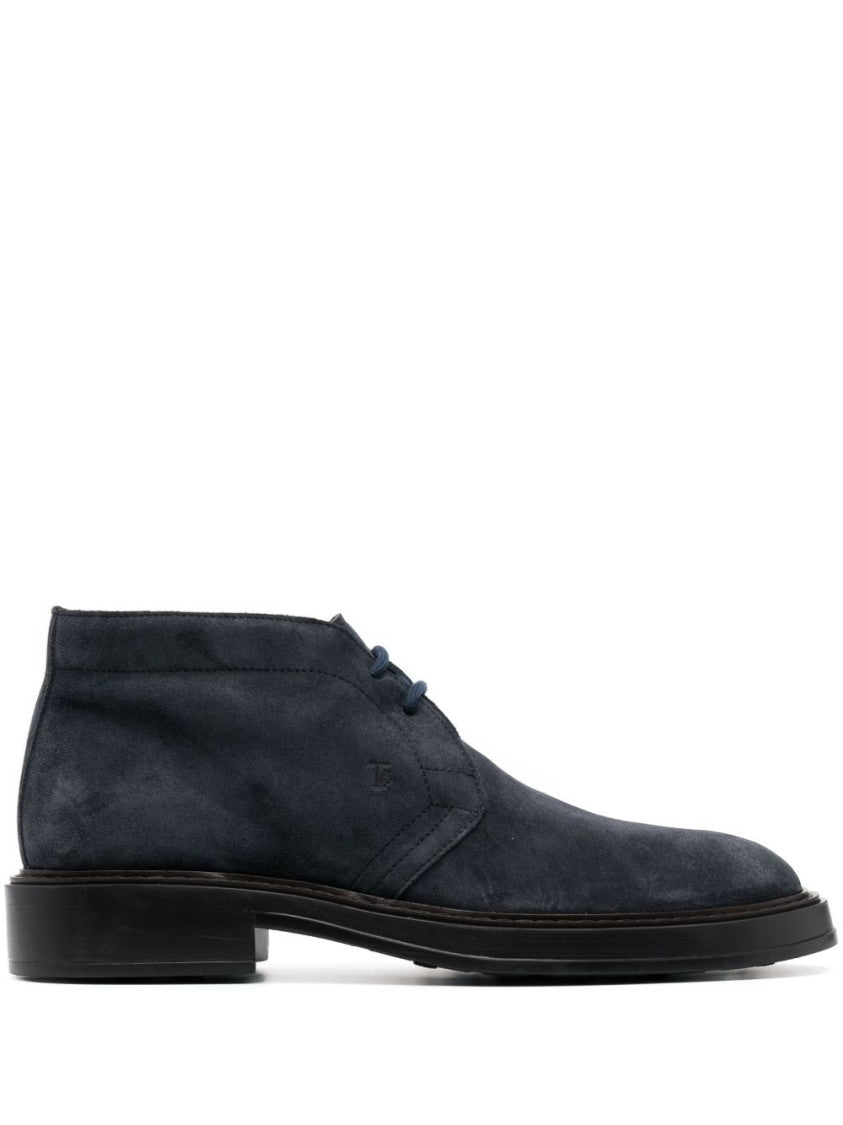 Tod's Almond Toe Front Lace-Up Flat Shoes In Midnight Blue Suede