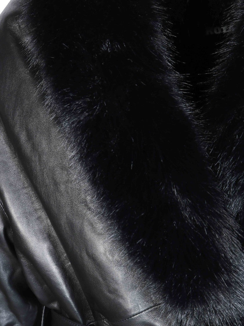 Rotate Belton Short Plush Fur Trim Glossy Leather Jacket