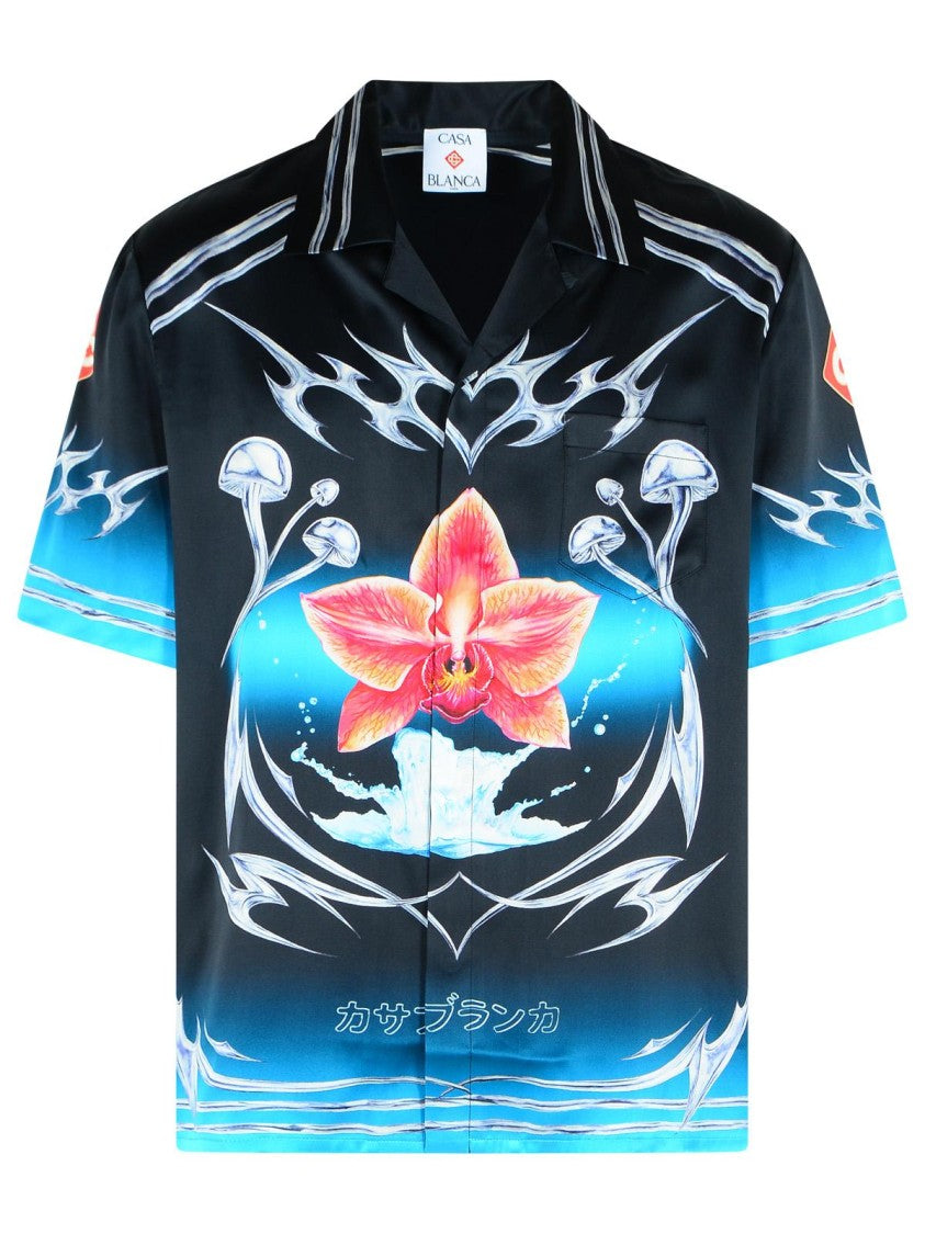 Casablanca Cuban Collar Black Silk Shirt With Blades Pattern