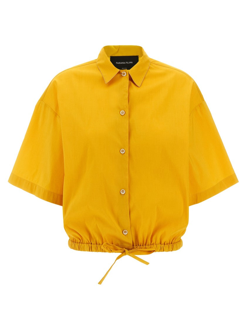 Fabiana Filippi Rhinestone-Piped Cotton Blend Shirt With Drawstring Hem