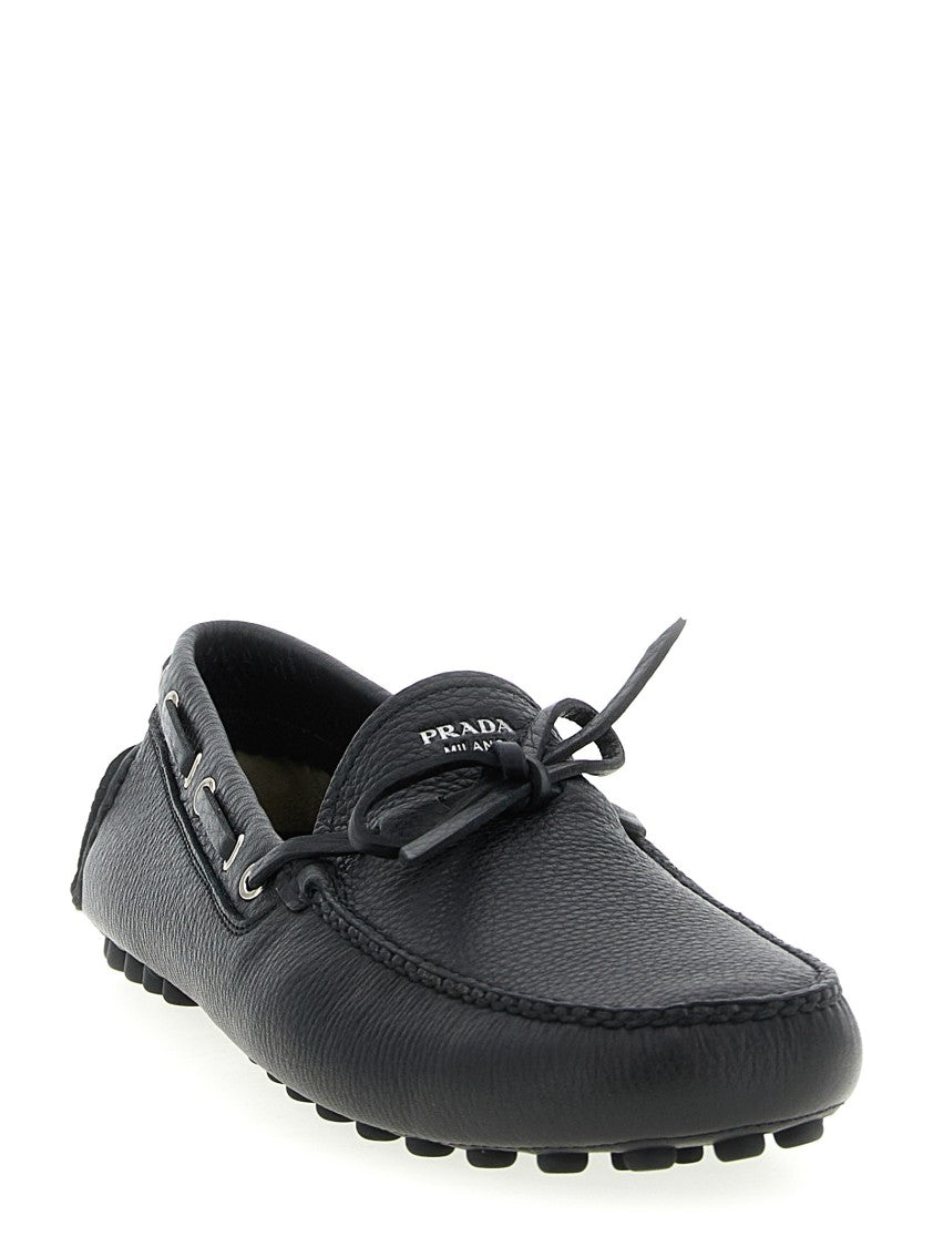 Prada Hammered Leather Loafers With Enamelled Logo