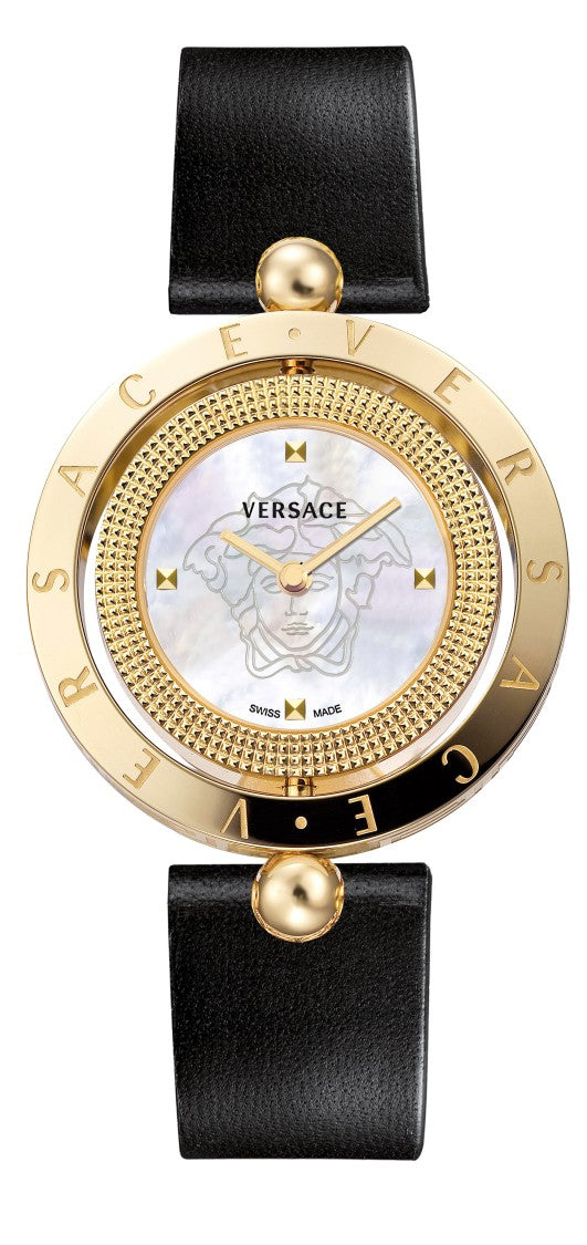 Versace Gold-Tone Stainless Steel Quartz Watch With Nacre Dial And Black Leather Strap