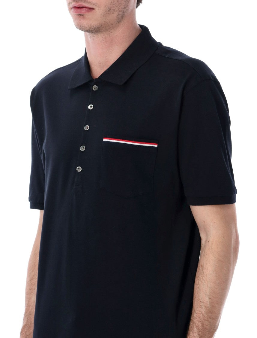 Thom Browne Mercerized Piqué Polo With Tricolor Pocket And Grosgrain Details