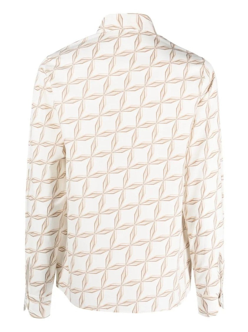 Eleventy Beige Classic Geometric Pattern Cotton Long-Sleeve Shirt