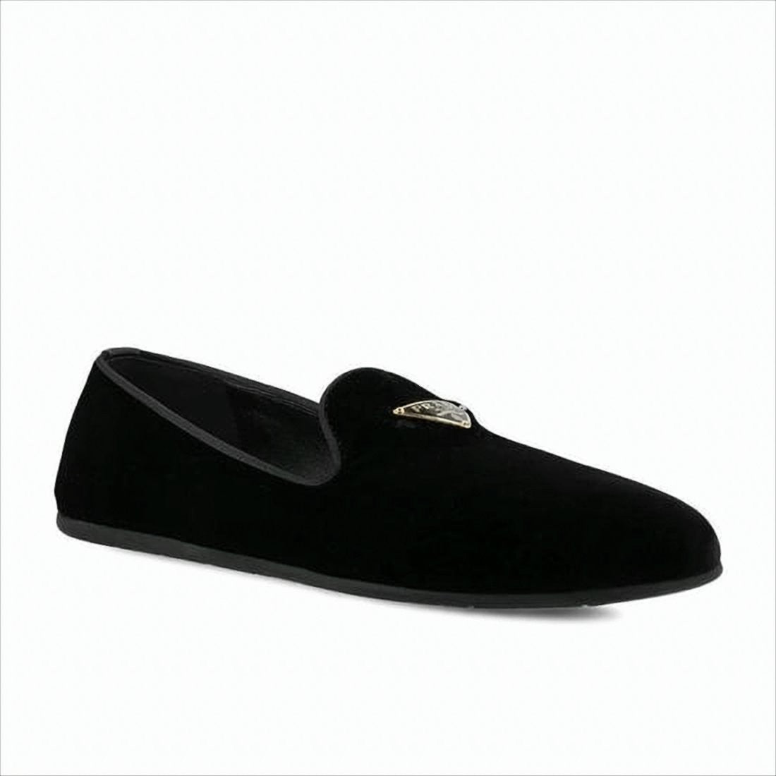 Prada Velvet Loafers With Triangular Emblem And Rubber Sole