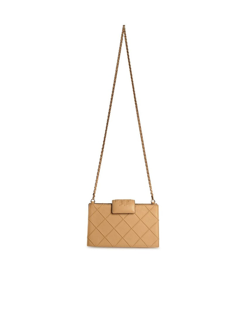 Tory Burch Quilted Cream Leather Shoulder Bag With Braided Chain Strap