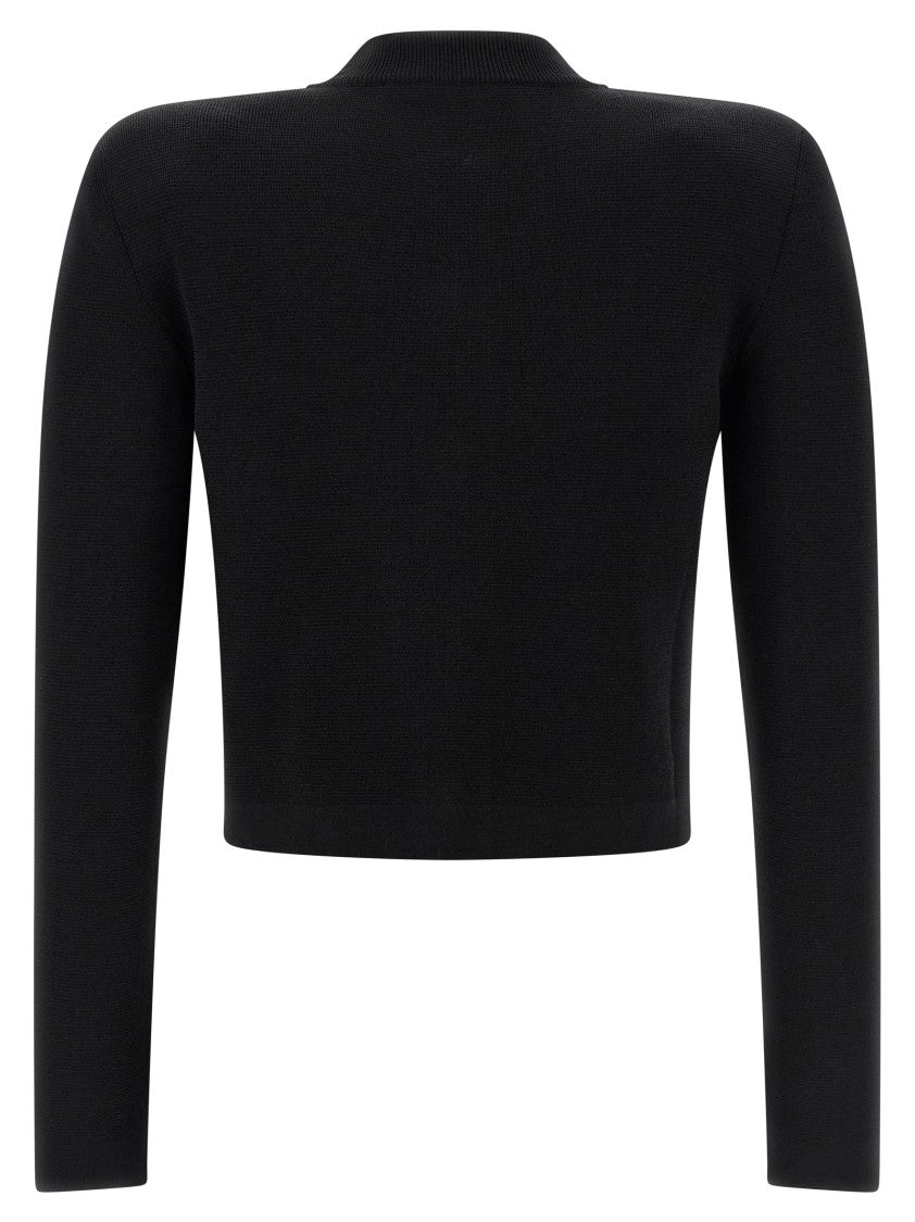 Balmain Cropped Black Cardigan With Padded Shoulders And Lion Motif Buttons