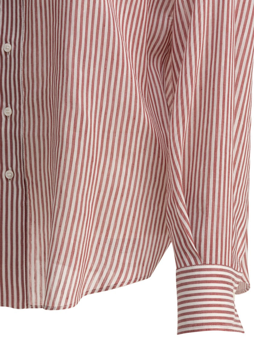 Brunello Cucinelli Bordeaux Stripe Linen-Cotton Blend Shirt
