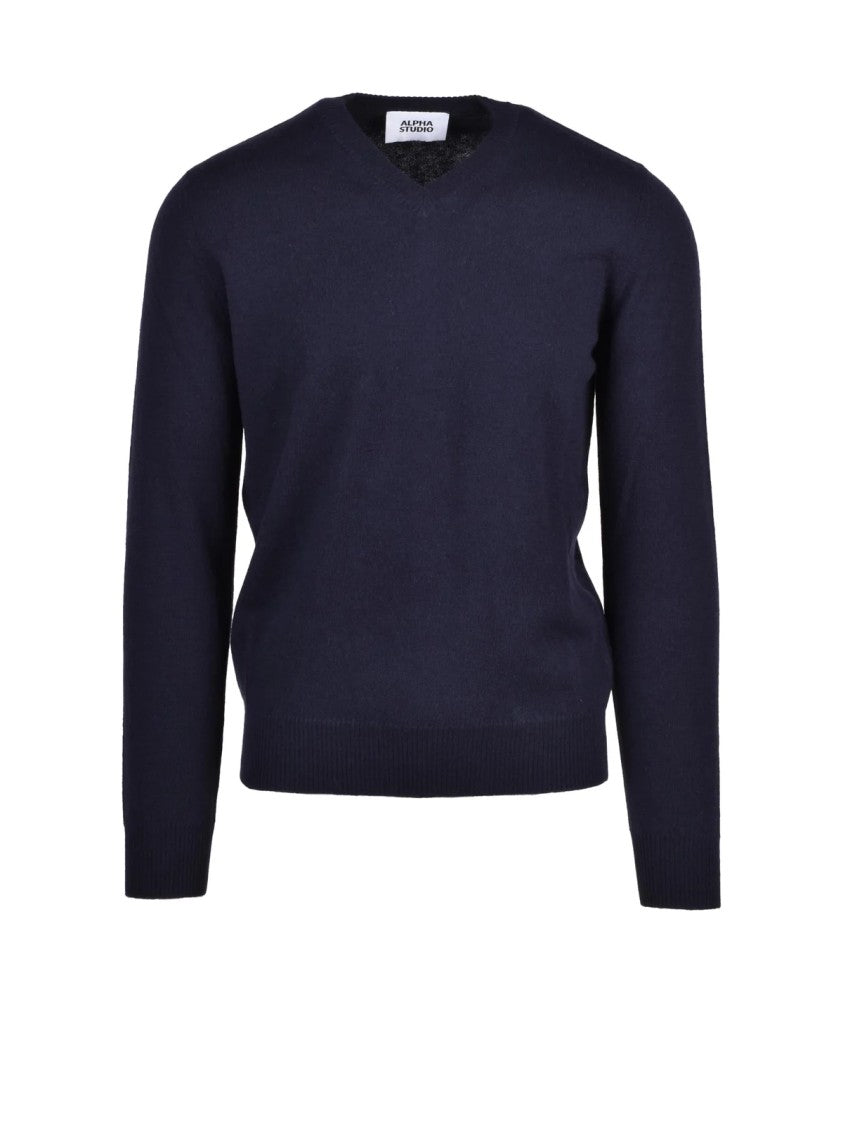 Alpha Studio V-Neck Pullover With Fine Knit Texture And Ribbed Details