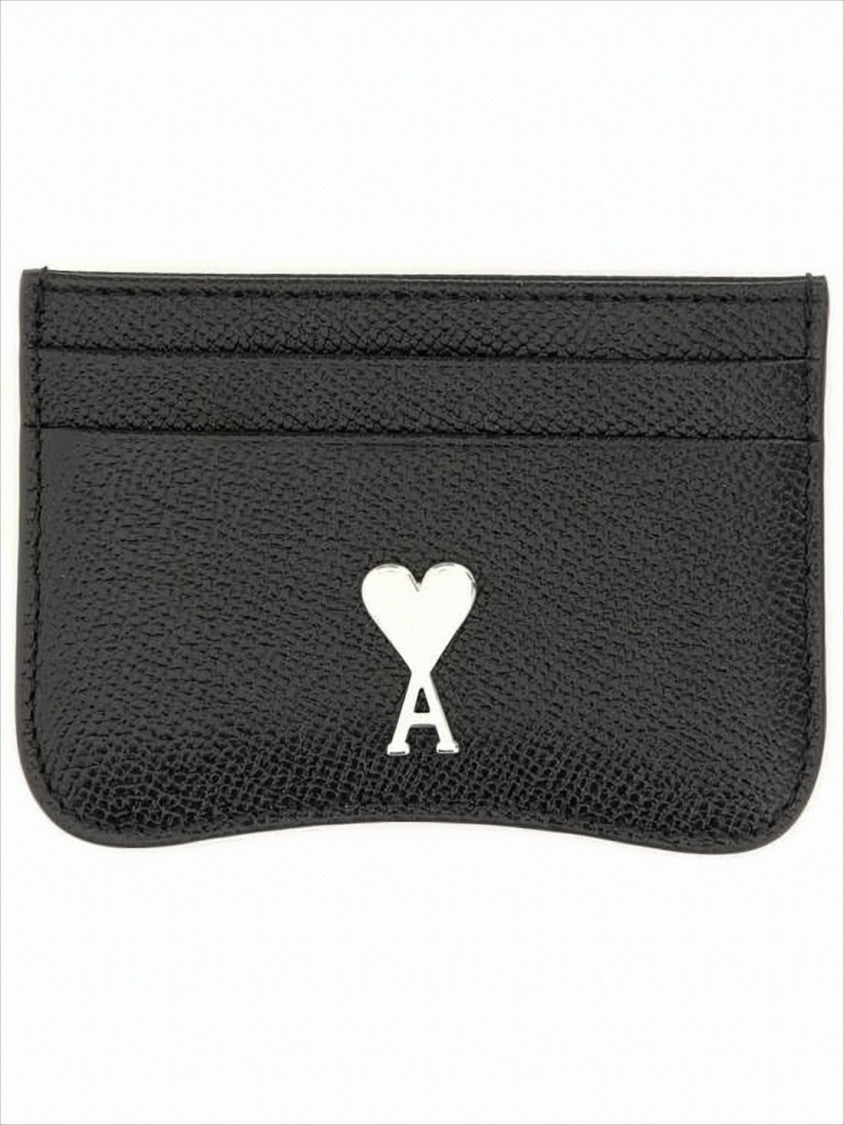 Ami Textured Cow Leather Card Wallet With Heart Emblem
