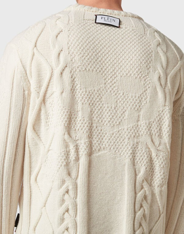Philipp Plein Ivory Wool Cable-Knit Logo-Patch Sweater