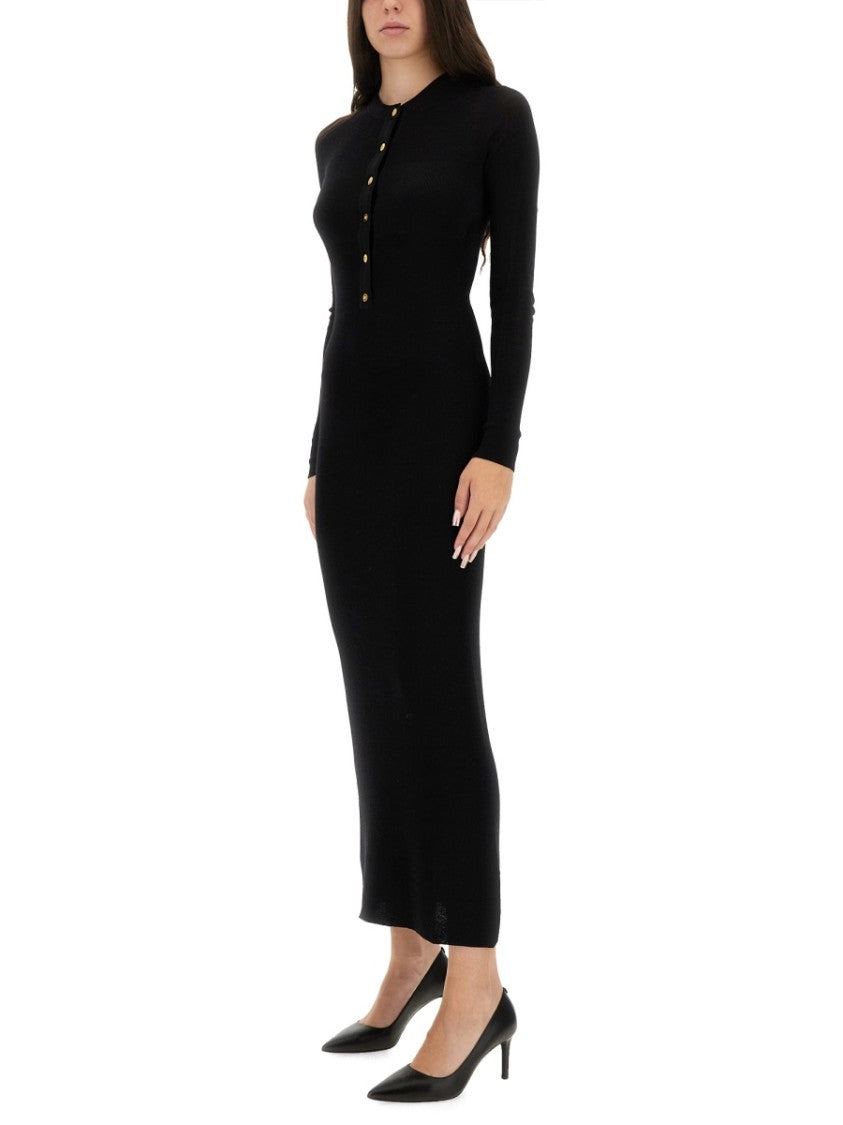 Versace Long Fitted Wool Dress With Gold-Tone Button