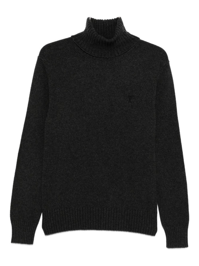 Ami Paris Anthracite Grey Turtleneck Ribbed Knit Sweater