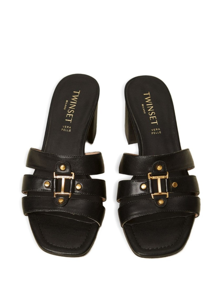 Twin-Set Black Leather Block Heel Sandals