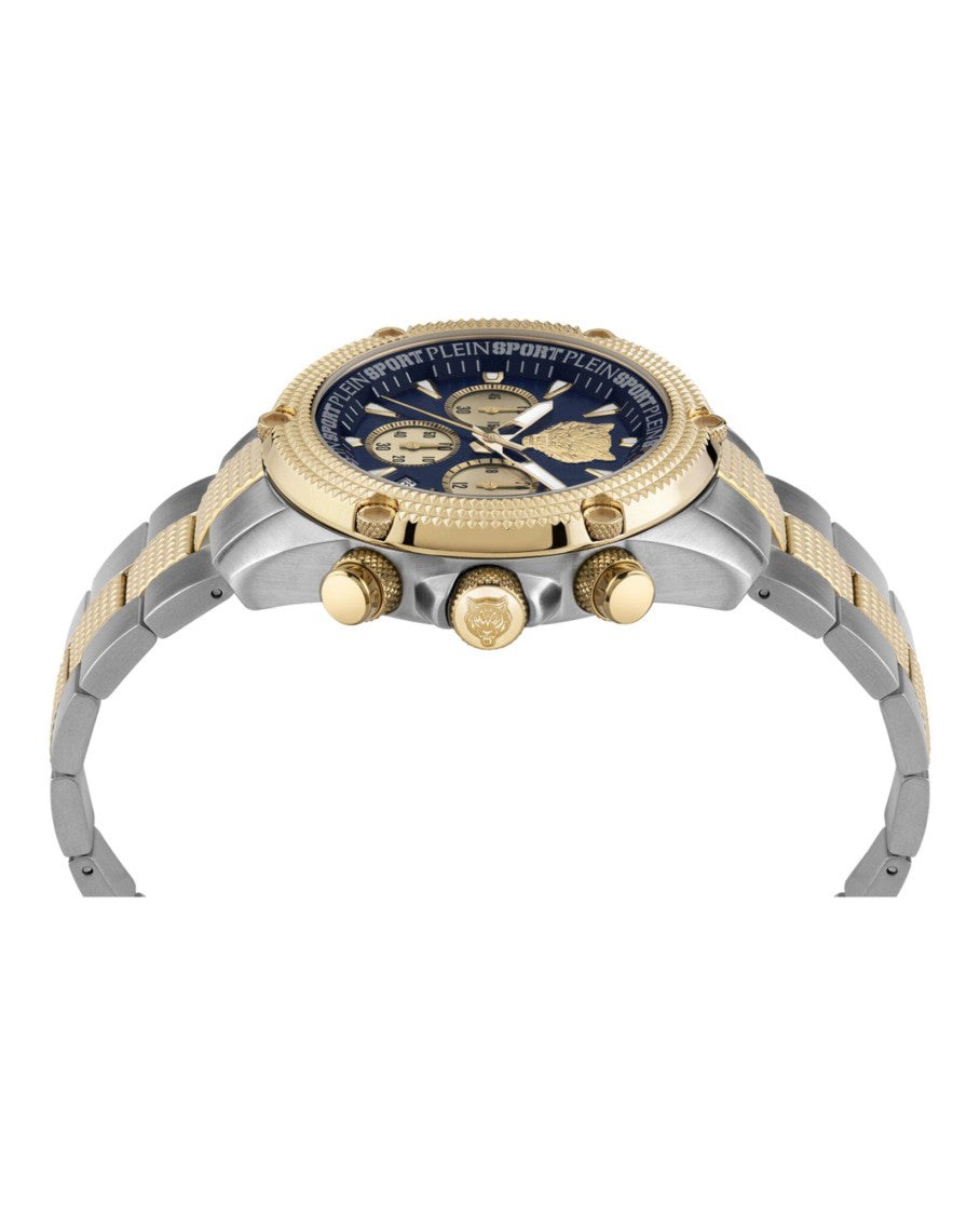 Plein Sport Chronograph Timepiece With Two-Tone Finish And Blue Guilloche Dial