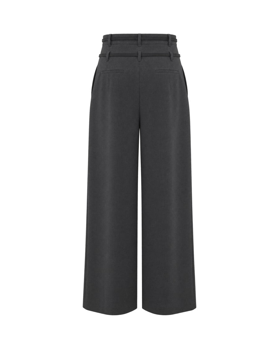 Liu Jo Wide-Leg Dark Grey Melange Flannel Trousers With Double-Belt Detail