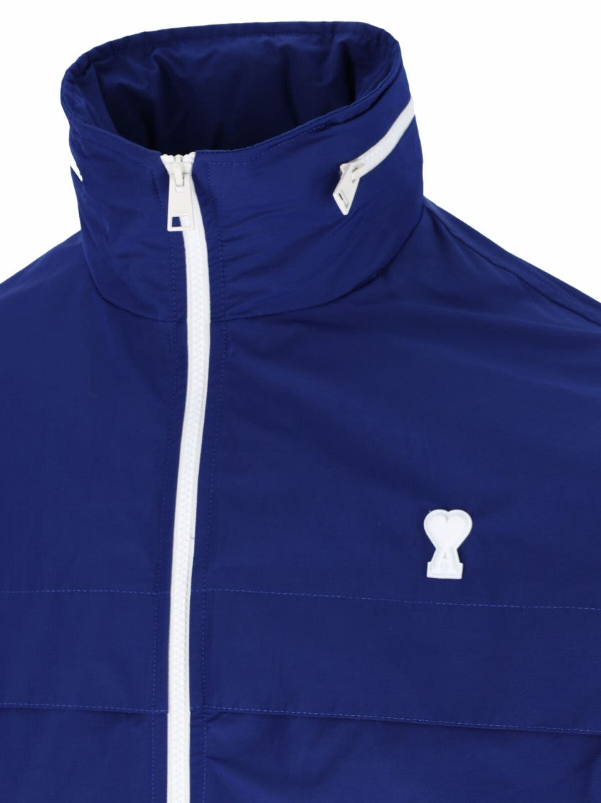 Ami Paris Blue Detachable-Hood Logo Embroidery Cotton-Blend Jacket