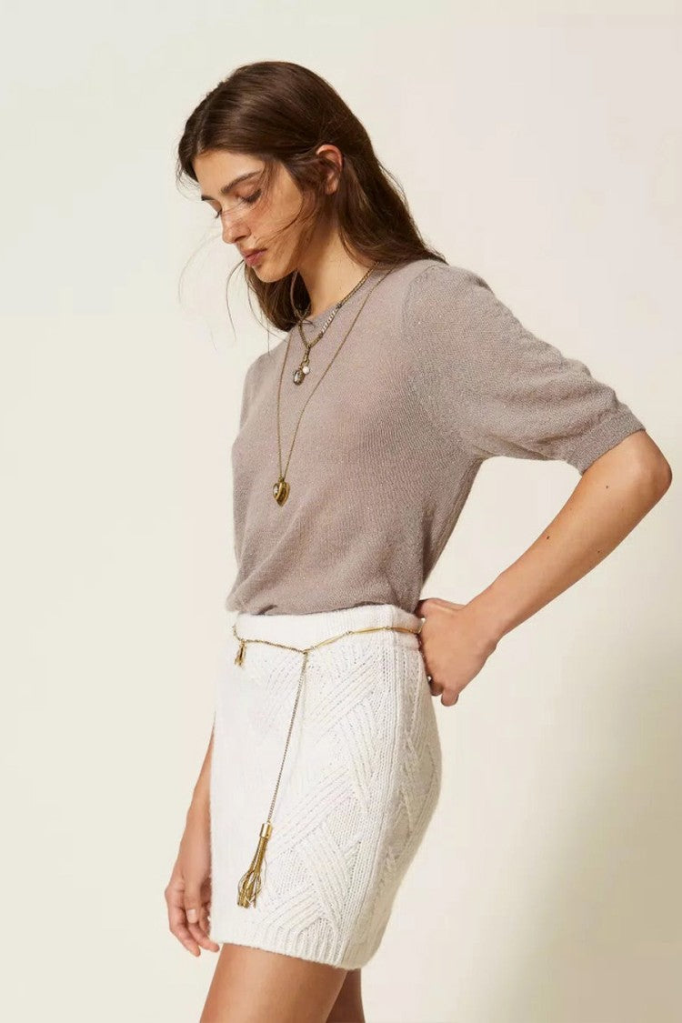 Twin-Set Cream Textured-Knit Wool-Blend Mini Skirt