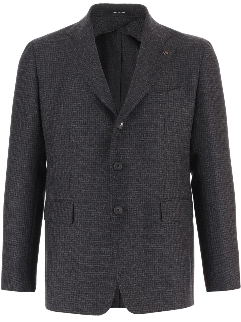 Tagliatore Dark Grey Tailored Houndstooth Wool Jacket