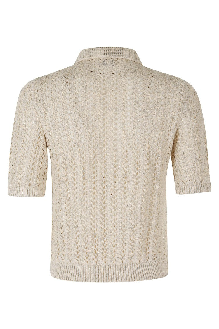 Eleventy Ivory Knit Perforated Ribbed-Trim Cotton-Blend Polo Shirt
