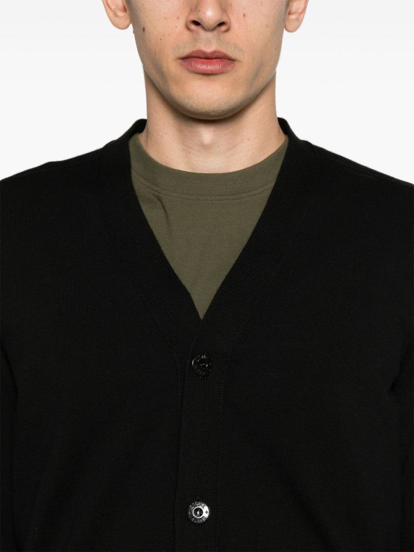 Stone Island Organic Cotton Black Cardigan With Classic V-Neck
