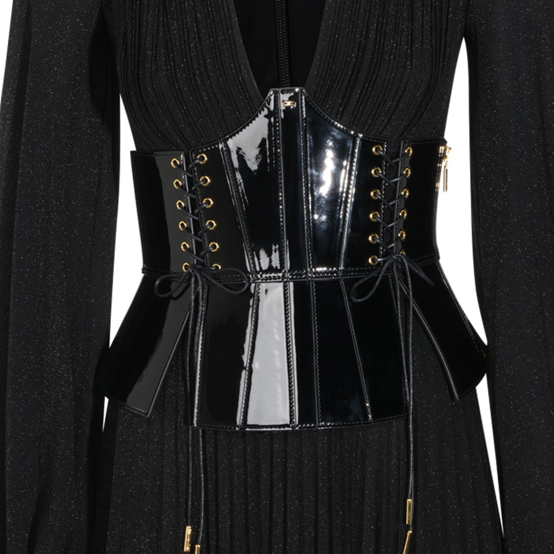 Elisabetta Franchi Deep V-Neck Glossy Corset Belt Maxi Dress