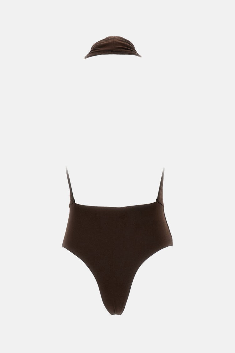 The Andamane Brown Vina Plunging Halter Neck Stretch Bodysuit