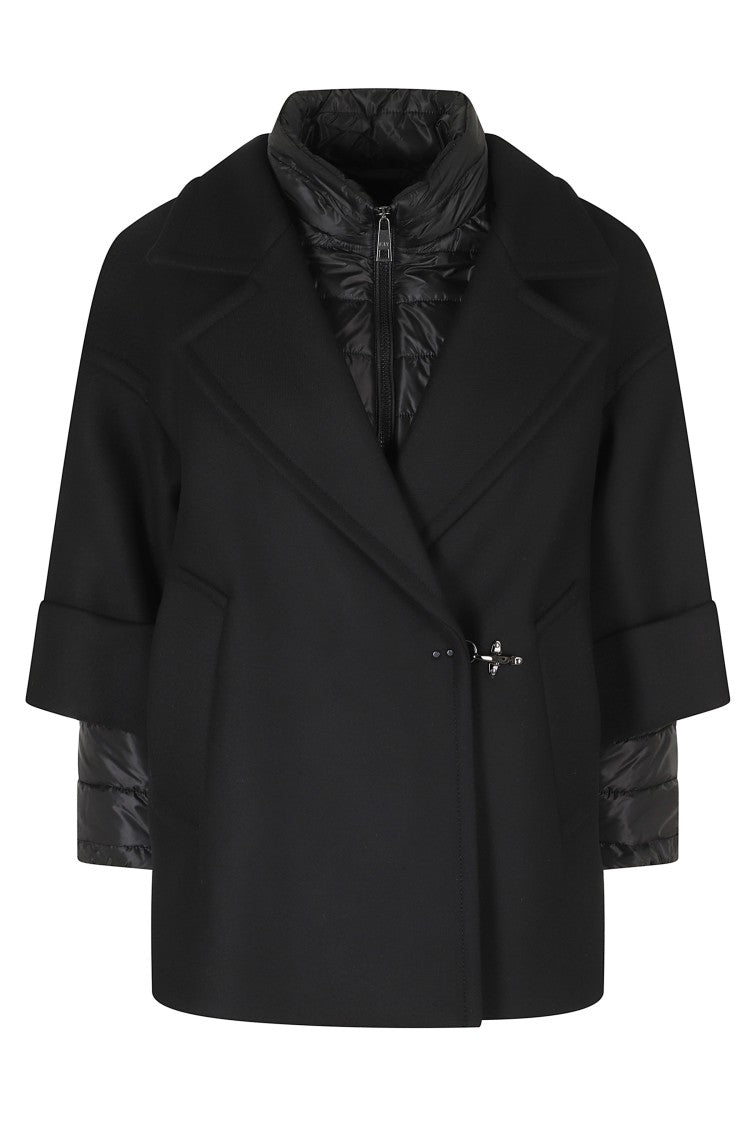 Fay Black Double-Breasted Removable Down Lining Wool-Blend Cape